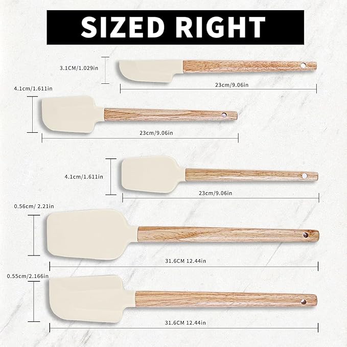 Ptanexx Wooden Handle Silicone Spatula Set 5 Piece, Batter Mixing Spatula, Spatula for Cooking, Jars, Baking, Mixing, Frosting