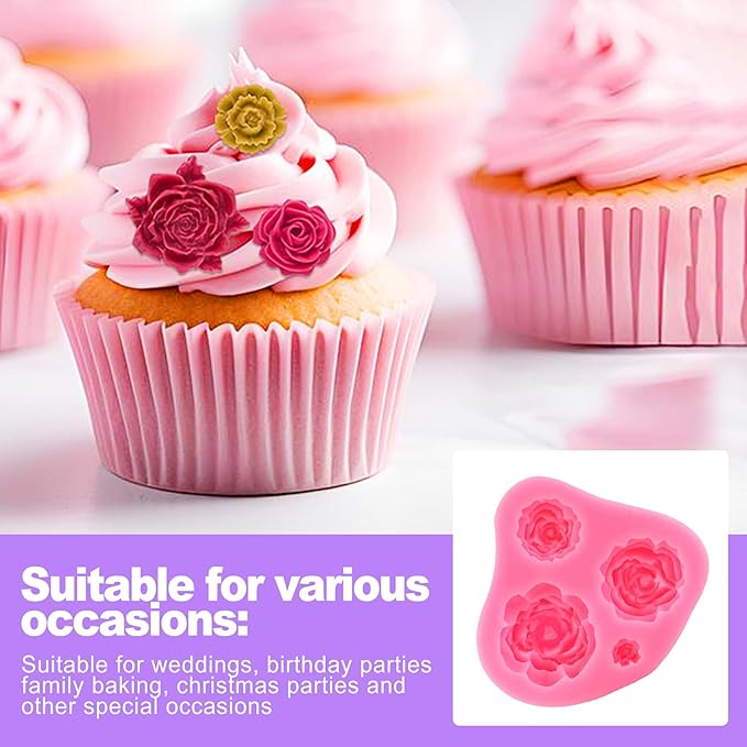 2 Piece Rose Fondant Molds for Cake Decorating - Multi-Size Flower Silicone Mold for Chocolate Gumpaste Wedding Birthday Party Cupcake Topper Supplies