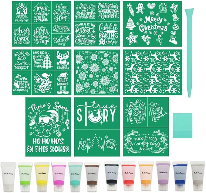 DGAGA 23PCS Christmas Silk Screen Stencils and Chalk Paste Stencils Transfers Chalk Ink Xmas Reusable Self Adhesive Silk Screen Printing Stencil for Painting on Wood,Christmas Tree Sign Home Decor