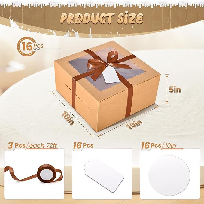 32Pcs 10 Inch Cake Boxes with Cake Boards (16Pcs Brown Cake Boxes, 16Pcs Cake Boards), 10x10x5 Inch Bakery Boxes with Window, Cake Carrier Container for Birthday Party, Wedding