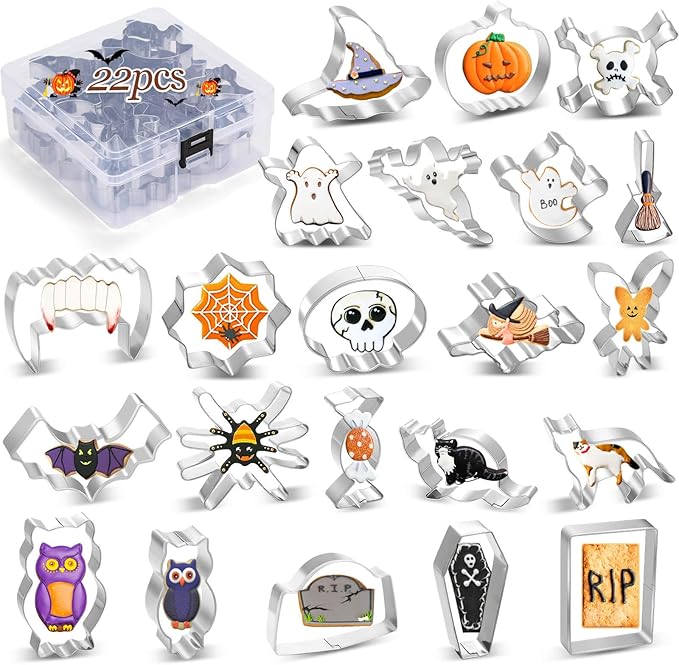 Lezmarket 22Pcs Halloween Cookie Cutters, Stainless Steel Baking Supplies for Halloween Cookie Sandwich Party Decorations- Ghost Pumpkin Cat Bat Coffin Witch Hat Skull Candy Broom Spider Owl Tooth