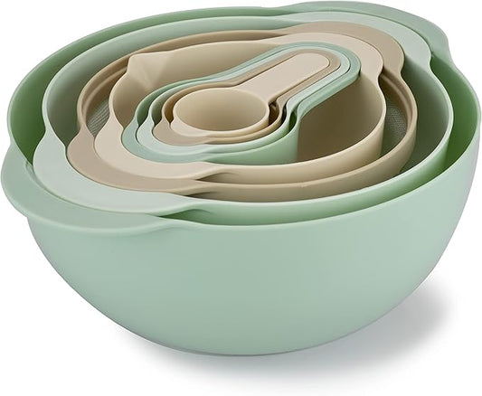 COOK WITH COLOR Nesting Bowls with Measuring Cups Colander and Sifter Set - Includes Mixing Bowls, Colander, Sifter and Measuring Cups, Mint, 8 Pc Bowl