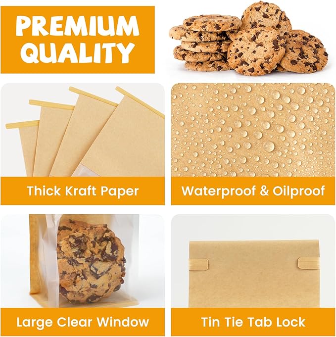 100 Pack Small Bakery Bags with Window, 3.9x3.1x8.2 Inches Tin Tie Tab Lock Cookie Packaging Bag Resealable Paper Treat Bags for Homemade Granola, Baked Goods Gift Giving