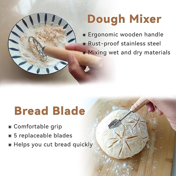Banneton Bread Proofing Basket Sourdough Bread Baking Supplies, Sourdough Starter Kit with 9" Round, Bread Making Supplies Tools, Bread Lame, Sling, Spatula, Scraper, Dough Whisk
