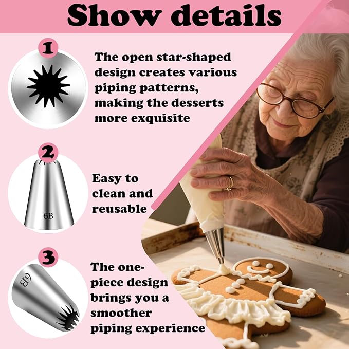 3 Pieces 6B Large Churro Icing Tips and Piping Bags,Frosting Icing Tip for Cake Decorating,6B Large Star Tips and 20 Disposable Piping Bags,Stainless Steel CupCake Star Tip for Churros