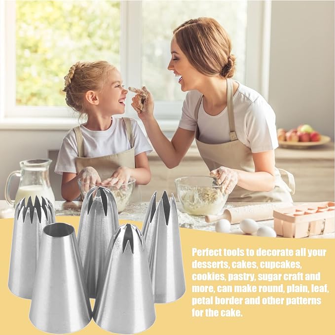 Icing Piping Nozzles,5Pcs/Set Stainless Steel Round Piping Nozzles Cake Decorating Tips Set for Baking, Cakes, Cup Cakes, Cookies