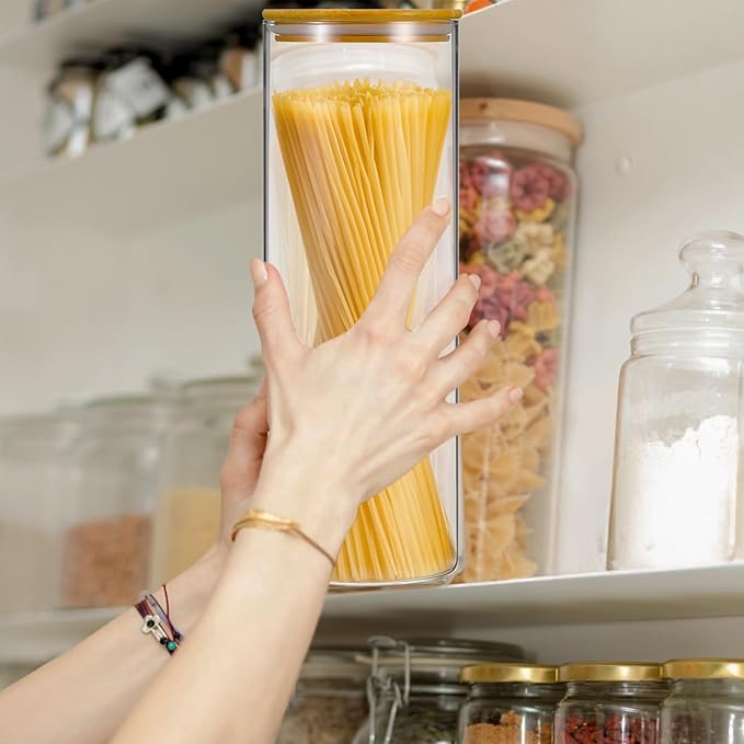 Set of 3 Glass Food Storage Jars,70oz Large Food Containers with Airtight Bamboo Wooden Lids for Pasta, Nuts, Flour, Glass Canisters for Kitchen, Pantry Organization and Storage, BPA Free
