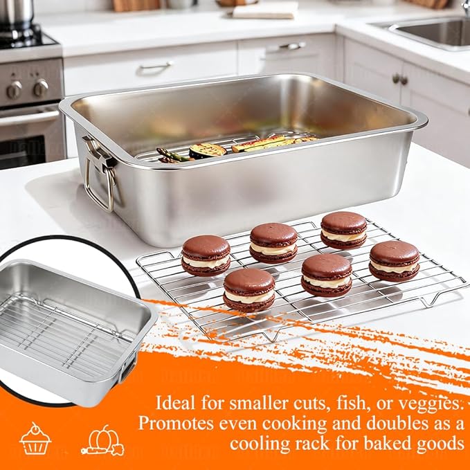15.5 Inch Stainless Steel Roasting Pan with V-Shaped & Flat Cooling Rack, 6 PCS Set with Meat Claws Pastry Brush, Heavy Duty Deep Turkey Roaster Oven Safe Dishwasher Safe for Chicken Ham Lasagna