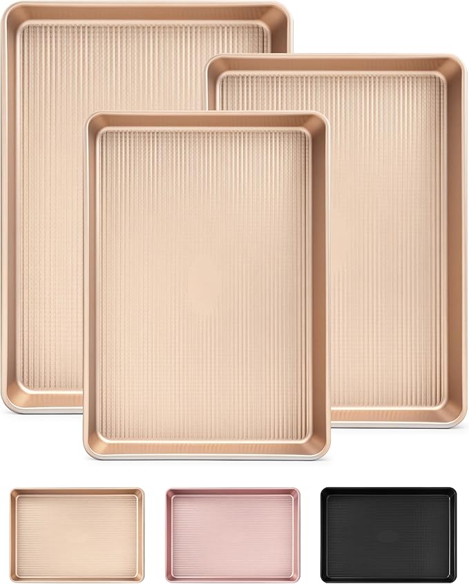 Saker nonstick baking sheet pan set,EvenHeat Baking Sheets Set of 2, Non-Stick Cookie Pan for Perfect Baking Results, Oven Safe Carbon Steel Bakeware (Champagne Gold)