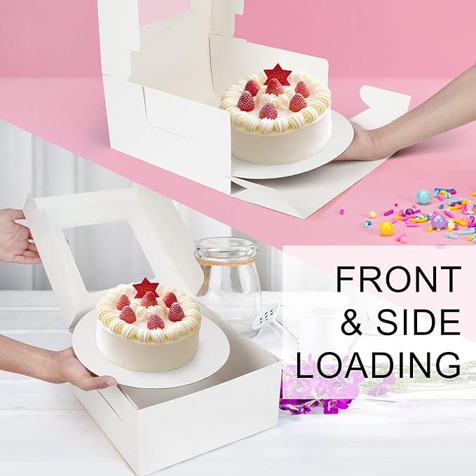 LotFancy Cake Boxes, 10 x 10 x 5 inch, 30 Pcs, 15 Disposable Paper Cake Carrier with 15 Round Board, White Bakery Boxes with Window, Treat Box Container for Pie, Donut, Cookie, Pastry