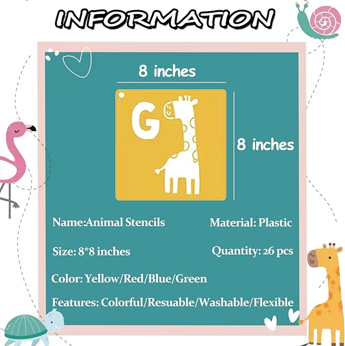 Stencils for Kids 26pcs Animal Drawing Stencils 8x8 Large Reusable Plastic Stencils with Letter A-Z for Boys Girls DIY Crafts
