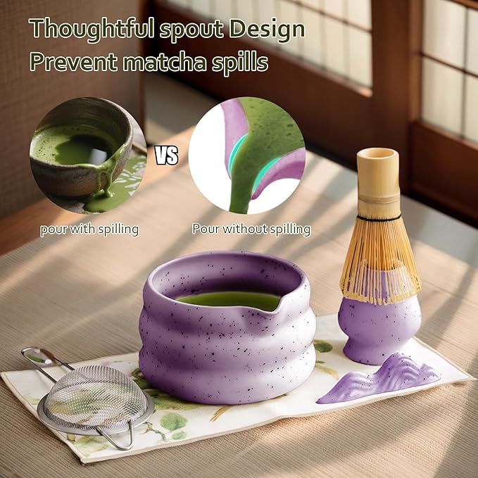 cjc 7-Pcs Matcha Whisk Set, Matcha Sets - Matcha Bowl with Spout, Bamboo Whisk and Holder, Scoop, Sifter ect.– Complete Gift for Matcha Lovers, Japanese Tea Ceremony（Pruple）