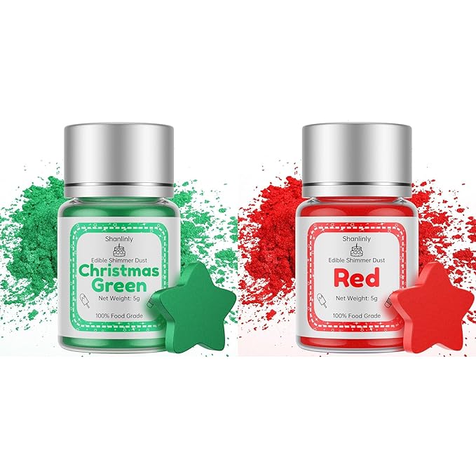Shanlinly Red Green Edible Luster Dust for Drinks - 2 Colors Christmas Set, Drinks Glitter Dust for Cakes, Cookies,Cocktails, 5g Each Color