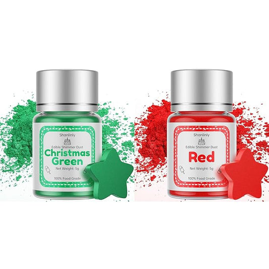 Shanlinly Red Green Edible Luster Dust for Drinks - 2 Colors Christmas Set, Drinks Glitter Dust for Cakes, Cookies,Cocktails, 5g Each Color