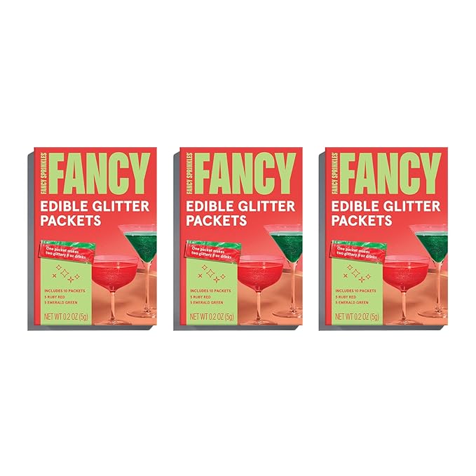 Fancy Sprinkles Limited Edition Holiday Mistletoe Magic Ruby Red and Emerald Green Edible Glitter Packets Portable & On-The-Go for Sparkling Drinks, Champagne, Cocktails, Wine, Beer, & more. (3 Pack)