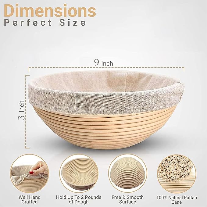 Banneton Bread Proofing Basket 2 pack 9 inch Round Basket with Liner, Bread Proofing Basket Perfect for Professional & Home Sourdough Bread Baking, Artisan Sourdough Bread (Set of 2 pack 9" Round)