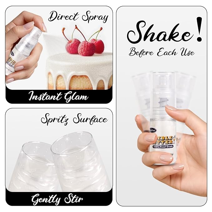 White Edible Glitter Spray 5g, Shimmer Edible Glitter for Cocktails, Food Grade Luster Dust for Beverages & Cake Decorating, Drinks, Baking, Chocolate