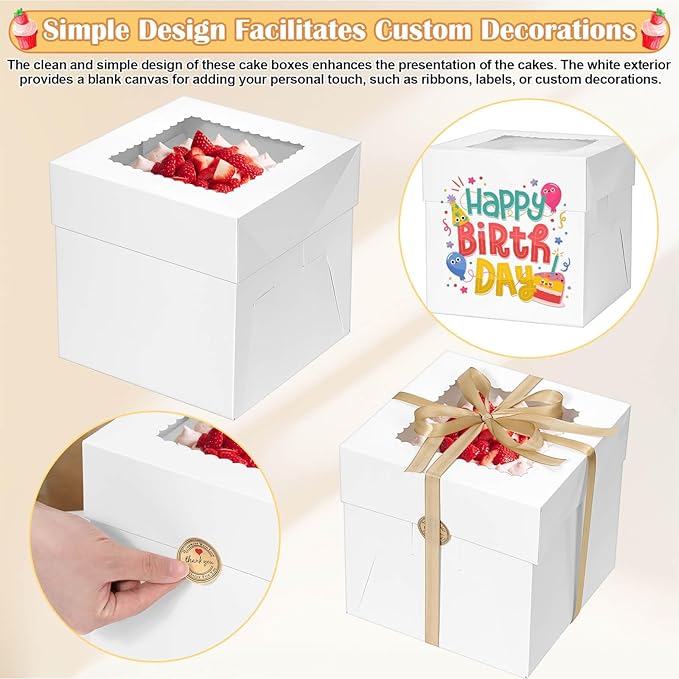 Audab 12 Pack Cake Boxes 8 Inches, Disposable Cake Transport Container with Label Stickers and Ribbon, White Bakery Boxes with Large Window for Gifting(8×8×8 Inches)