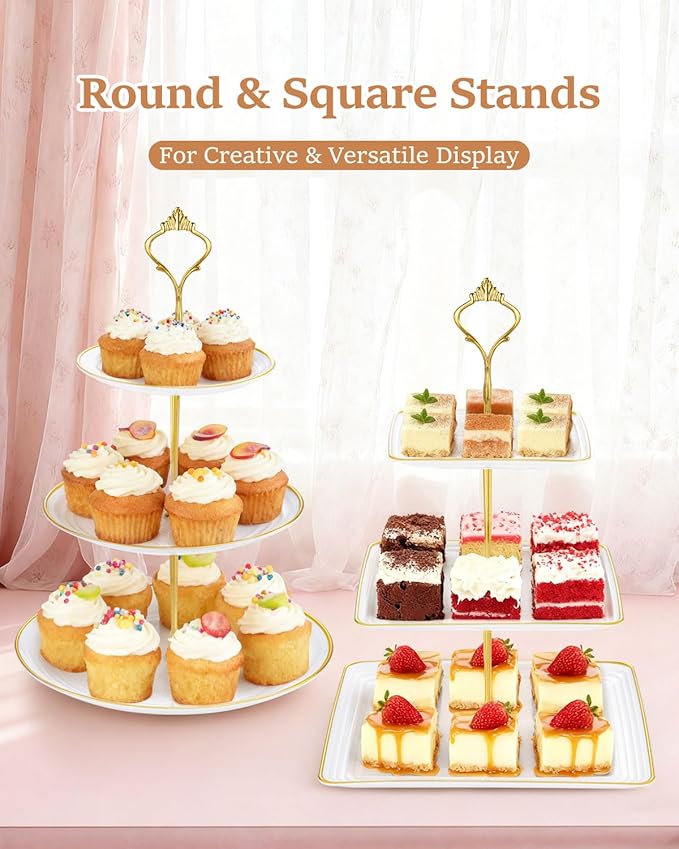 Lzerking 13pcs Dessert Table Display Set, 6 3-Tiered Cupcake Stands (3round & 3square) with 4 Trays & 3 Tongs, White Gold Plastic for Wedding, Tea Party, Baby Shower Decor, Birthday Party Decoration