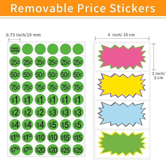 Preprinted Removable Garage Sale Labels, 0.75 Inches,4 Colors, Pack of 2160 and 20 Large Price Stickers