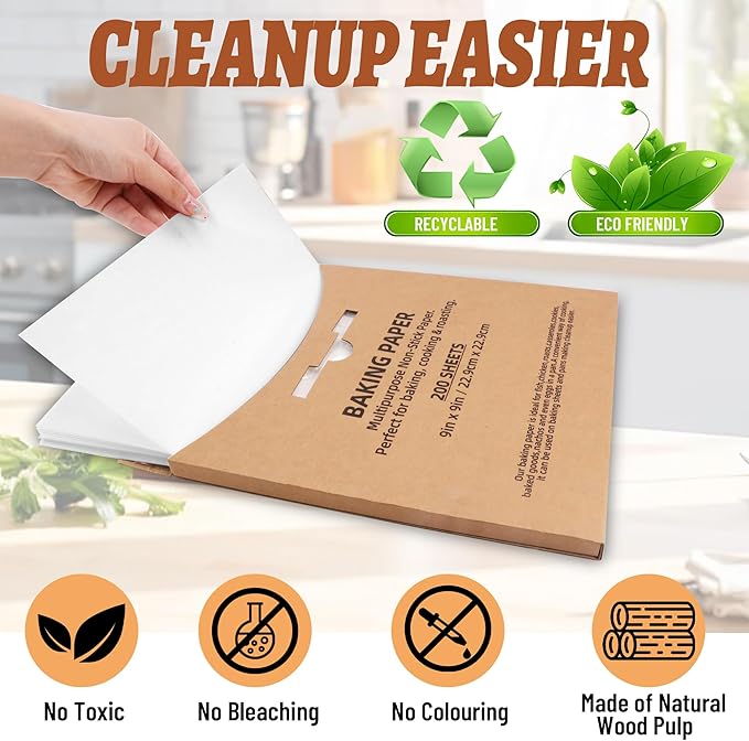 200 Pcs Parchment Paper Baking Sheets, 9"x9" Precut Non-Stick Baking Parchment Paper Sheets Bun Sheet Pan Liners.Baking Grilling Air Fryer Steaming Bread Cup Cake Cookie (White-9"x9")
