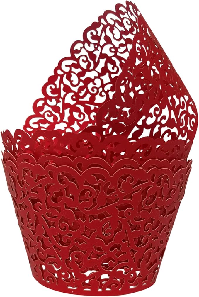 GOLF 100Pcs Christmas Cupcake Wrappers Artistic Bake Cake Paper Filigree Little Vine Lace Laser Cut Liner Baking Cup Wraps Muffin CaseTrays for Wedding Party Birthday Decoration (Red)