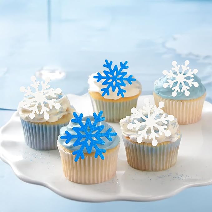 Gyufise 60Pcs Edible Snowflake Cupcake Toppers Winter Cupcake Picks Water Paper Winter Frozen Cake Decorations for Snowflake Theme Baby Shower Kids Birthday Party Supplies Blue White