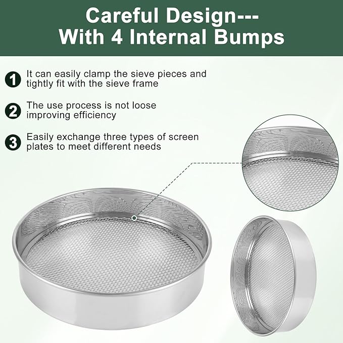 Soil Sifter for Gardening Stainless Steel Soil Sifting Pan Round Sifter for Rocks with 3,6,9mm Sieve Mesh Garden Shovel and Gloves Set Garden Sieve Soils Sifter for Small Gravel, Soil, Sand
