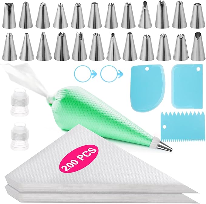 231Pcs Piping Bags and Tips Set，Disposable Frosting Piping Kit Includes 200Pcs Piping Bags(11.7In)，24 Piping tip，3 Cake Scrapers，2 Couplers and 2 Icing Bags Ties