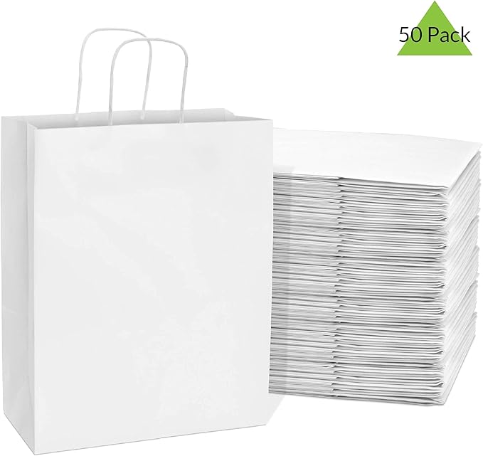 Prime Line Packaging White Gift Bags, Shopping Gift Bags Medium with Handles for Small Business, Boutiques, Retail, Merchandise, Party Favors, Bulk 10x5x13, 50 Pack
