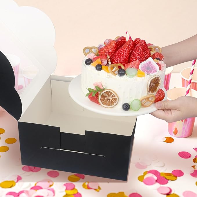 20Pcs 10 Inch Cake Boxes with Window, 10x10x5 Inches Black Bakery Boxes, Cake Carrier Container for Pastries, Pie, Cookies, Chocolates, Cupcakes, Birthday Party, Wedding