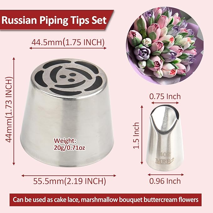 Extra Large Russian Piping Tip Set - 10 Stainless Steel Marshmallow Buttercream Framing Nozzles for Roses Tulip Cake Decorations and Bouquets, Includes 1 Leaf Nozzles and 1 Cleaning Brush(10B)