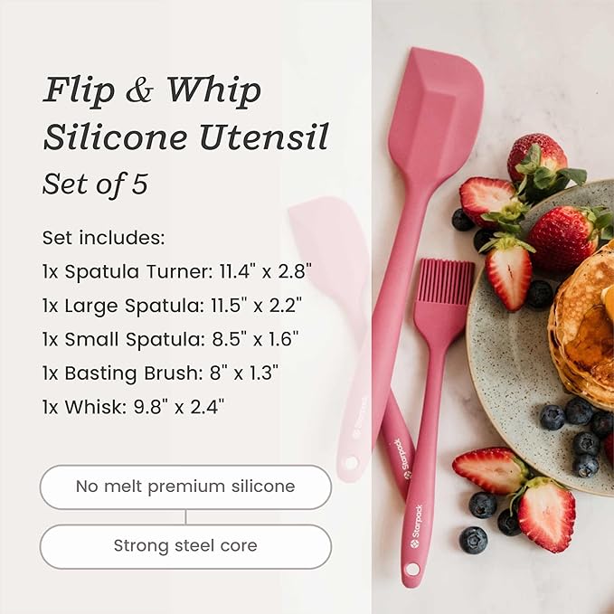 Starpack 'Flip & Whip' Premium Silicone Baking Utensils Set (5 Pcs) - Cooking Utensils with Heat Resistant to 600°F - Large & Small Spatulas, Whisk & Basting - Brush Baking Tool Set