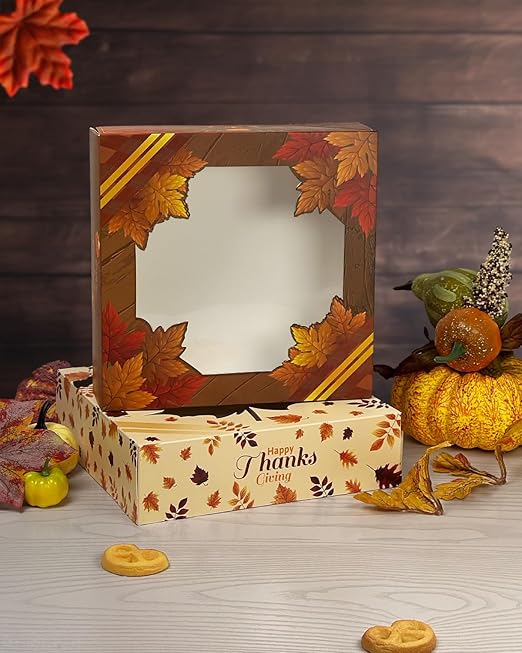 qiqee Thanksgiving Pie Boxes with Window 10x10x2.5 Inch 12Packs Cookie Donut Bakery Box