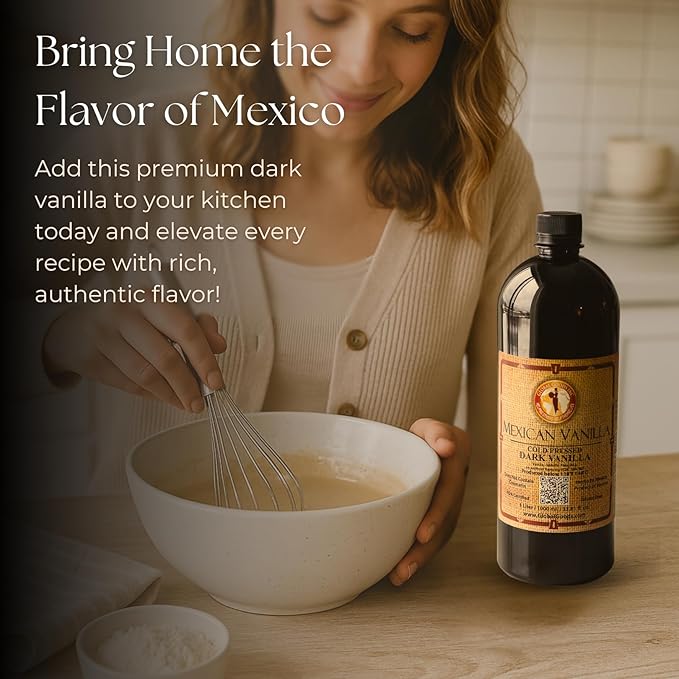 Pure Dark Mexican Vanilla Extract Gluten-Free Vanilla for Baking, Cakes, Cookies, Desserts, Coffee & Beverages (1 Liter / 33.81 fl oz) – Natural, No Coumarin, Bold Flavor