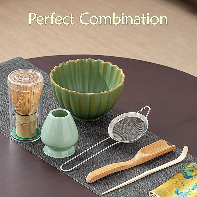 8PCS Matcha Whisk Set - Matcha Set Ceramic Whisk and Bowl, Japanese Buucup Matcha Set, Sifter, Scoop, Holder & Tea Towel for Traditional Matcha Ceremony (Green)
