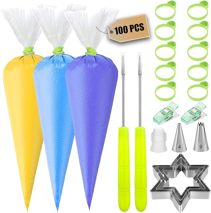 120Pcs Tipless Piping Bags, 100Pcs 12inch Disposable Pastry Bags for Royal Icing Cookies Decorating - Icing Frosting Bags and Tips Set with 10 Bags Ties, 3 Cookie Cutters & 2 Scriber Needle