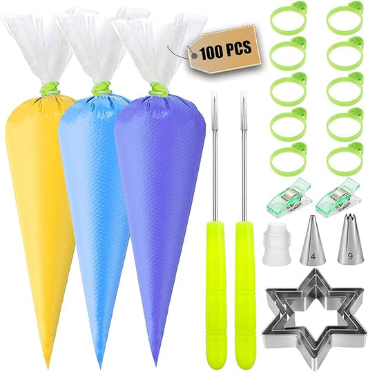 120Pcs Tipless Piping Bags, 100Pcs 12inch Disposable Pastry Bags for Royal Icing Cookies Decorating - Icing Frosting Bags and Tips Set with 10 Bags Ties, 3 Cookie Cutters & 2 Scriber Needle