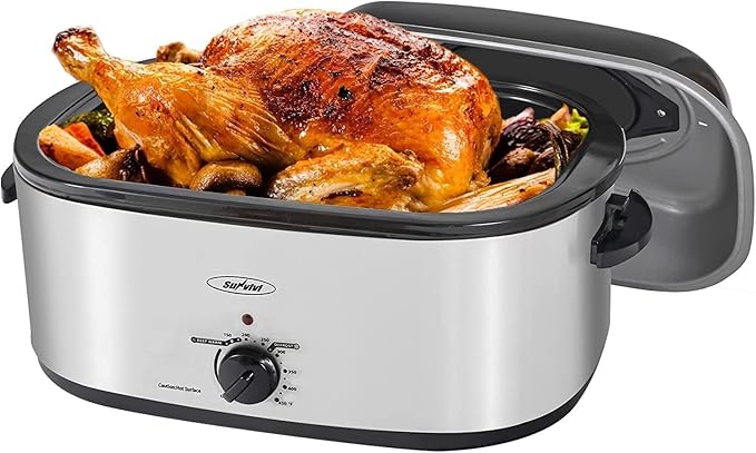 Sunvivi 26 Quart Electric Roaster Oven Turkey Roaster with Lid Electric Roasters with Removable Pan Large Roaster, Visible & Self-basting Lid, Fast Heating & Thaw/warming Setting, Silver