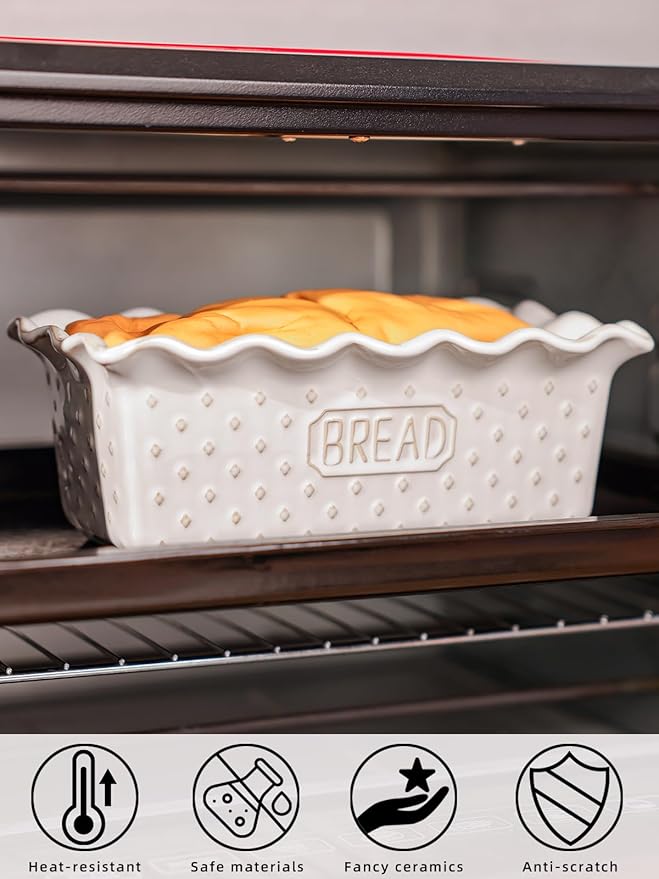 Ceramic Loaf Pan for Baking Bread, 9 x 5 Inch, Nonstick Bread Pans for Cooking, Microwave & Dishwasher Safe, Rectangular Mold (Vintage White)