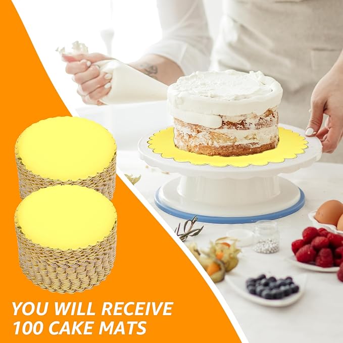100 Pack 8 Inch Gold Wave Cake Boards, Round Cake Base Board Circles, Disposable Cake Stand Pizza Cardboard for Wedding Birthday Anniversary