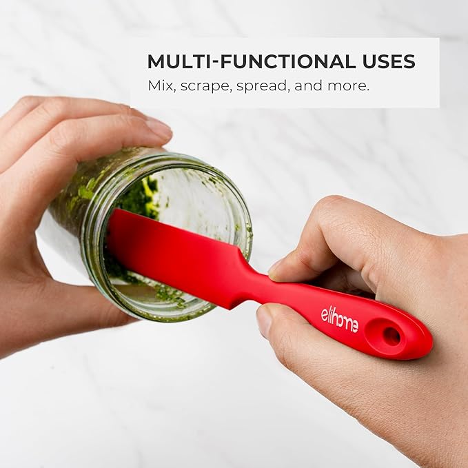 Elihome Skinny Silicone Jar Spatula Spreader, BPA Free,Heat-Resistant Scraper, 10in Long Narrow Stirring Stick, Seamless Flexible Peanut Butter Spreader for Scraping Icing and Jam (Red)