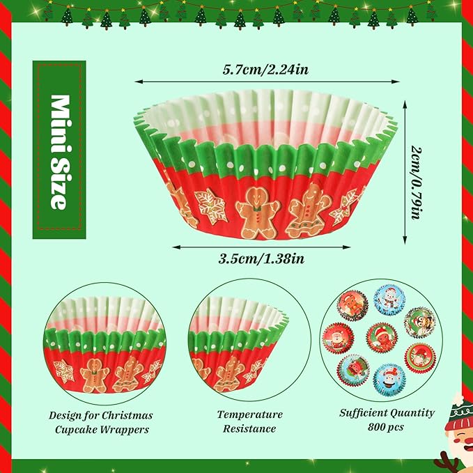 AUGSUN 800pcs Mini Cupcake Liners Christmas Cupcake Wrappers Santa Snowman Forest Mini Muffin Liners Papers Baking Candy Cups for Xmas Holiday Party Cake Candy Chocolate Making Supplies (8 Designs)