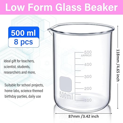 8 Pcs 500 ml Glass Lab Beaker 3.3 Borosilicate Glass Measuring Cup with Spout Low Form Glassware for Laboratories Classrooms or Home Use
