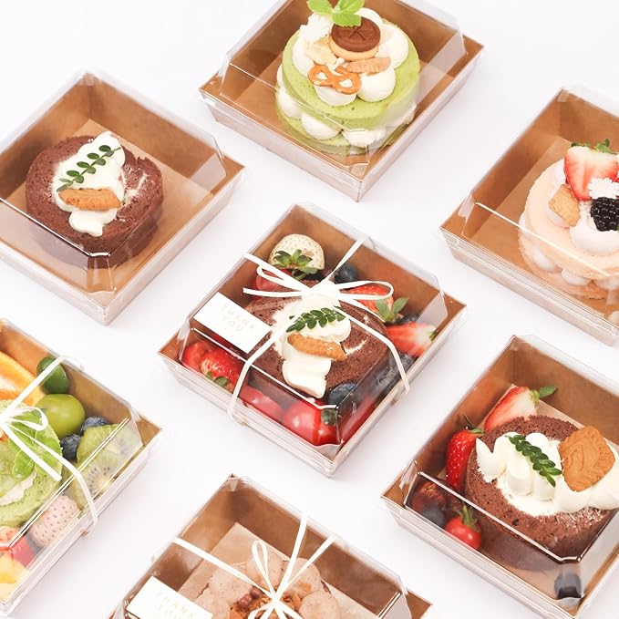 100pcs Smal Charcuterie Boxes with Clear Lids - Disposable Food Containers for Desserts,Boxes for Sandwich, Cake Slice Packaging, Fruit,Salad,Perfect for Bakery Treats,(Brown, 5.3 * 4.9 * 2.5 in)