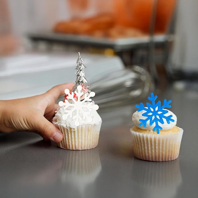 Gyufise 60Pcs Edible Snowflake Cupcake Toppers Winter Cupcake Picks Water Paper Winter Frozen Cake Decorations for Snowflake Theme Baby Shower Kids Birthday Party Supplies Blue White
