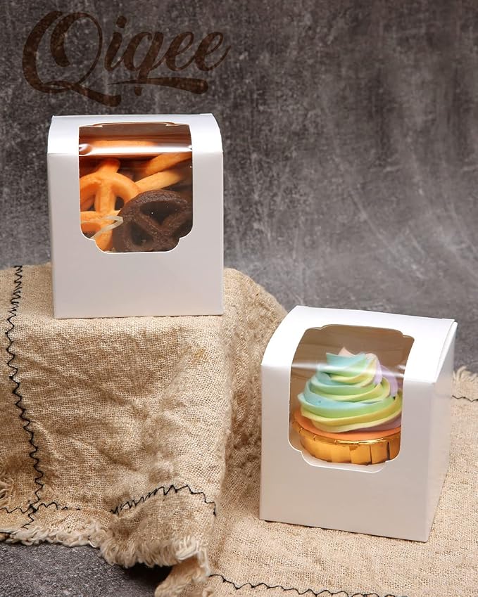 qiqee Auto-pop up Cupcake Boxes 100-Packs Individual Cupcake Container White 3.5" x 3.5" x 3.5" Single Cupcake Boxes