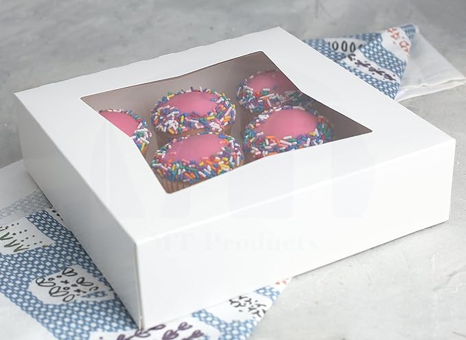 MT Products White Bakery Pie Boxes 9" x 9" x 2.5" - Auto Pop-Up Windowed Bakery Boxes (Pack of 15) - Made in the USA