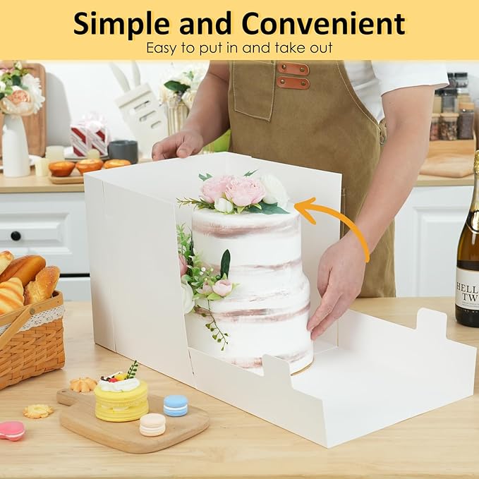 Moretoes 12 Pack Cake Boxes, 12x12x12 Inch Cake Box with Window for Tier Cakes, Sturdy Tall Cake Carrier with Lids, Disposable Containers for Valentine's Day, Mother's Day, Wedding, Birthday, Party