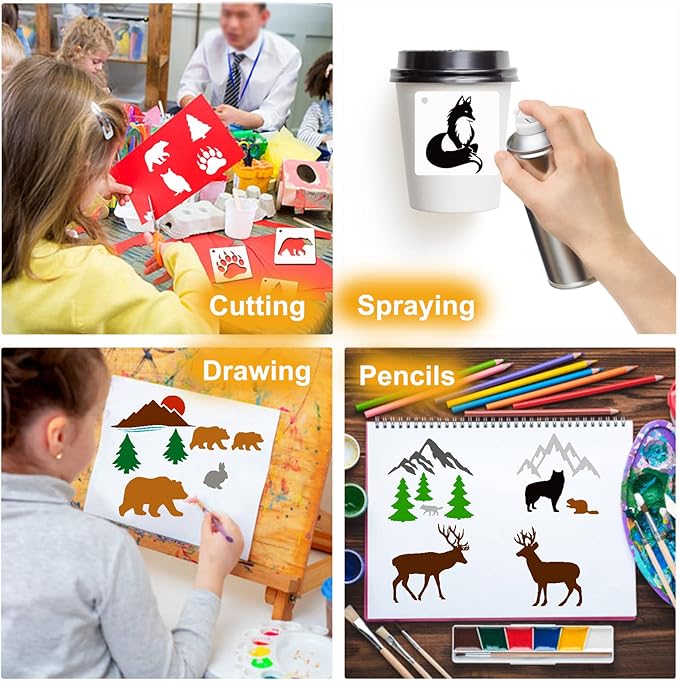 Small Stencils for Painting on Wood Reusable, 3 Inch Reusable Stencil for Craft Ornament Paint Template Stencils for Wall Card Rock Wood Signs Coasters Canvas Home Decor (Animal Wildlife)